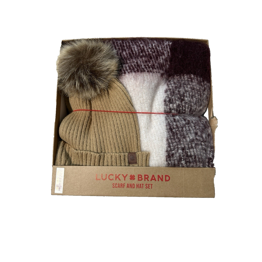 Lucky Brand Plaid Scarf & Pom Beanie Hat Gift Set NWT
